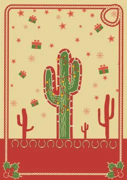 Cowboy christmas poster with cactus and rope frame for text Stock Illustration