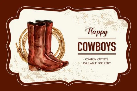 Cowboy frame design with boots, rope watercolor illustration. Stock Illustration