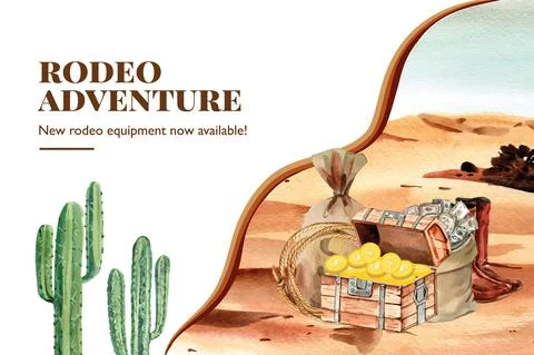 Cowboy frame design with chest, cactus, money watercolor illustration. Stock Illustration