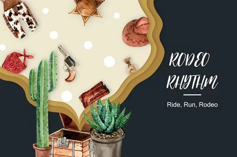 Cowboy frame design with hat, gun, boots, cactus watercolor illustration. Stock Illustration