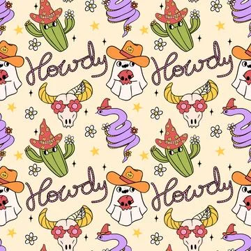 Cowboy Halloween ghost Seamless Pattern Howdy Western Doodle Retro Groovy i.. Stock Illustration
