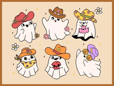 Cowboy Hallowween Retro Ghost Western Howdy doodle drawing set Illustrazione stock