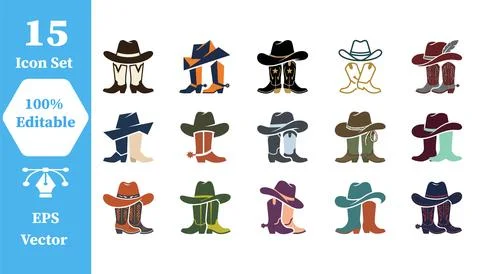 Cowboy hat and leather boot icon set with clothing accessory american Stock Illustration