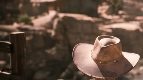 Cowboy hat resting on a post in a desert landscape during sunset Stock Footage 344170701