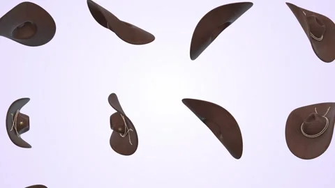 Cowboy Hats Falling on a Light Background. Leather Textured Hats 3D Animations. Stock Footage 296281646