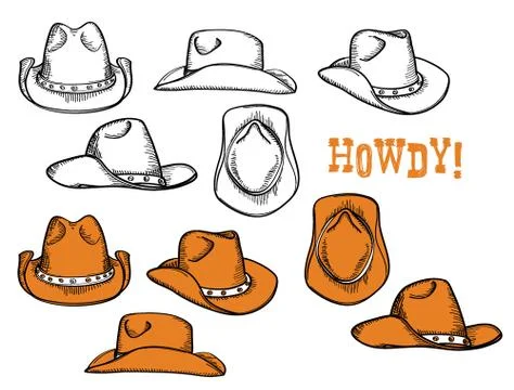 Cowboy hats set. Vector hand drawn graphic illustration isolated on white for Stock Illustration