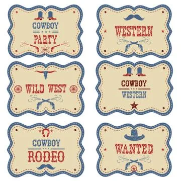 Cowboy labels isolated on white. Vector western cowboy symbols Stock Illustration