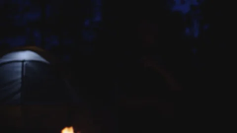 Cowboy plays the harmonica by a campfire at night in slow motion Stock Footage 128779825