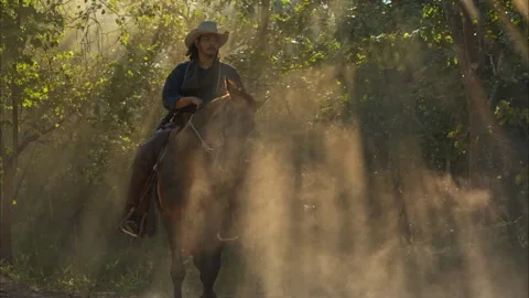 A cowboy riding a horse through dramatic rays of sunlight shining Stock-Footage 326214005
