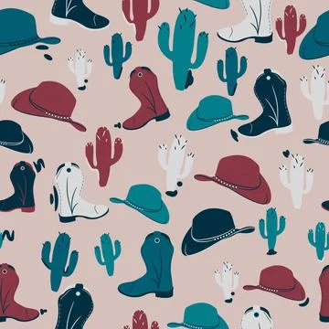 Cowboy seamless pattern. Hat, boots and cactus. Stock Illustration