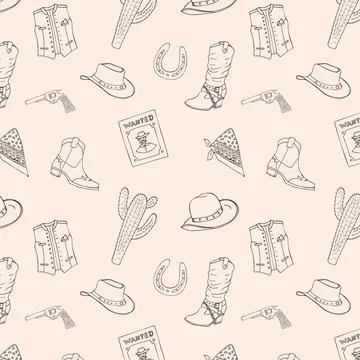 Cowboy seamless pattern with linear items. Doodle-style design on the theme.. Stock Illustration