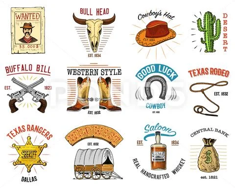 Cowboy set badges. Wild west, rodeo or indians with lasso. hat and gun, sheriff Stock Illustration