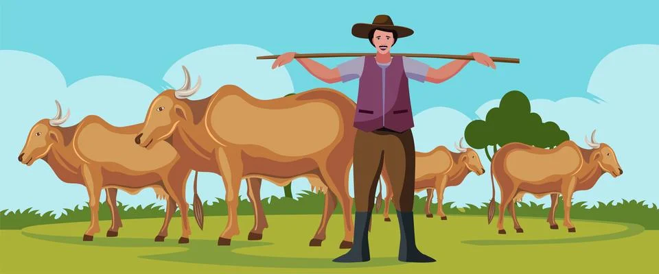Cowboy standing with the cows vector Illustrazione stock