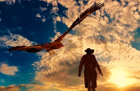 Cowboy at sunset background with an eagle - 3D rendering Illustrazione stock