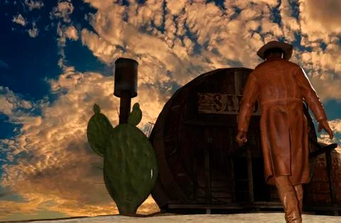 Cowboy at sunset background in front of a saloon - 3D rendering Stock Illustration
