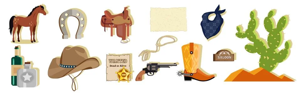Cowboy vector elements. Cowboy boots, hat, horseshoe, cactus and gun. Wild west Stock Illustration