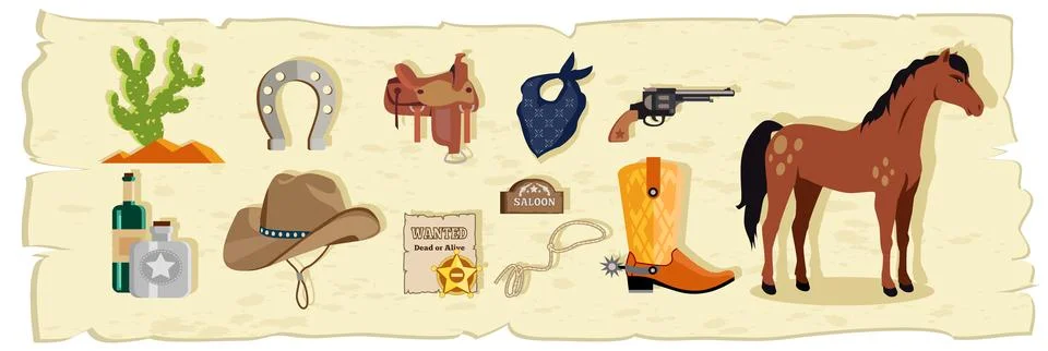 Cowboy vector elements. Cowboy boots, hat, horseshoe, cactus and gun. Wild west Stock Illustration
