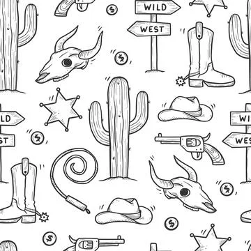 Cowboy western doodle seamless pattern Stock Illustration