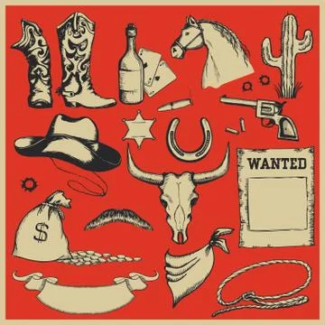 Cowboy western set of objects. Stock Illustration