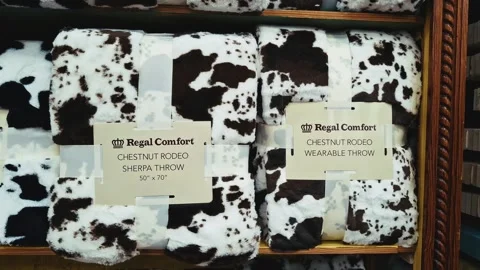 Cowhide patterned blankets on display inside buc ees florida Stock Footage 315758544