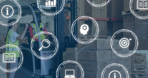 Coworker tapping button initiating operator raising forks checking load with Video stock 315717234