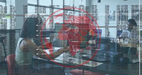 Coworkers analyzing cybersecurity data in office, showing digital globe and code Stock Footage 308656386