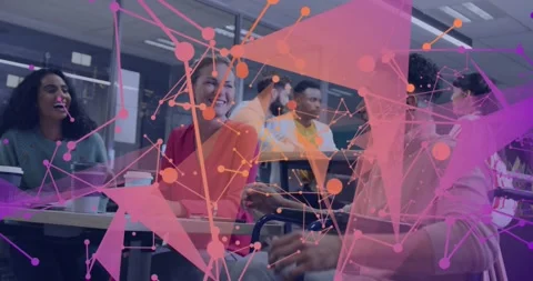 Coworkers chatting around table while pink-orange node graphic appearing Stock Footage 329594387