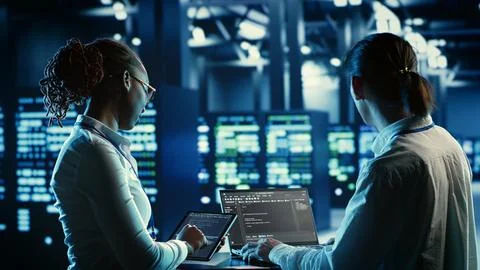 Coworkers coding in data center Stock-Fotos