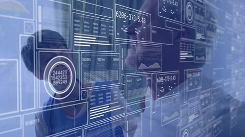 Coworkers examining clear touchscreen, interacting with floating charts and code Stock Footage 326305132