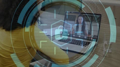 Coworkers gesturing during tech call as rotating padlock icon and binary streams Stock Footage 317206544