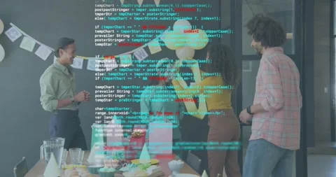 Coworkers handing hat sparking code overlay while celebrating birthday gift Stock Footage 317331001