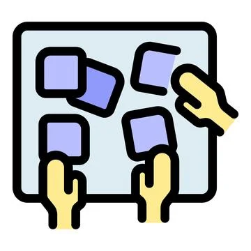 Coworkers moving sticky notes on kanban board for agile development Stock Illustration
