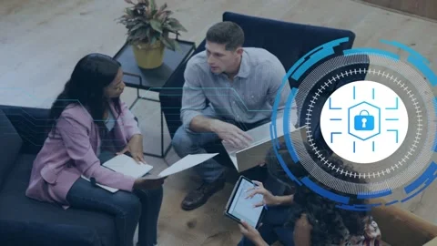 Coworkers pointing and tapping, tablet tapping initiating security HUD overlay Stock Footage 334788688