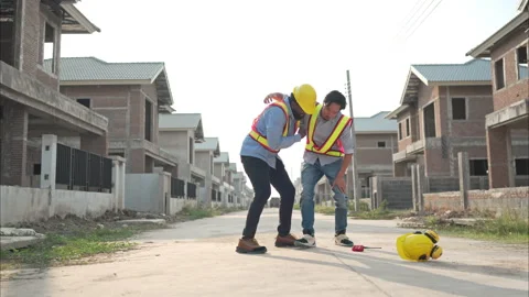 Coworkers provided first aid to a worker who had an accident on his leg Stock Footage 308929904