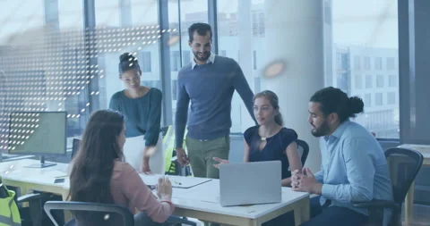Coworkers reacting to semi-transparent code overlay in conference room, Stock Footage 312348878
