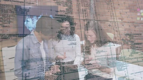 Coworkers tapping smartphone, scrolling tablet, comparing data for business Stock Footage 319853258