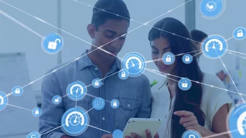 Coworkers tapping tablet, pointing as HUD with padlocks and gauges spreading for Stock Footage 334034854