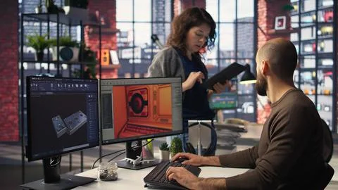 Coworkers using AI chatbot interface to generate video game spaceship Stock Photos