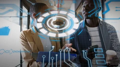 Coworkers walking hallway, tech interface appearing over them, woman tapping Stock Footage 333449453