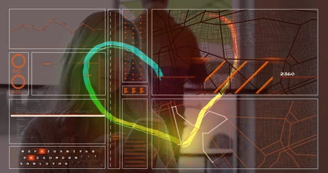 Coworkers working in tech office, showing AR map panels, route overlays, line Stock Footage 307449503