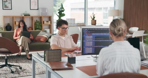 Coworking, computer screen and people with web design in office, typing code and Stock Footage 329403503