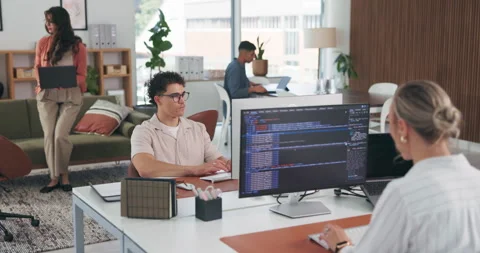 Coworking, computer screen or staff with web design in agency, typing code or ux Stock Footage 329429805