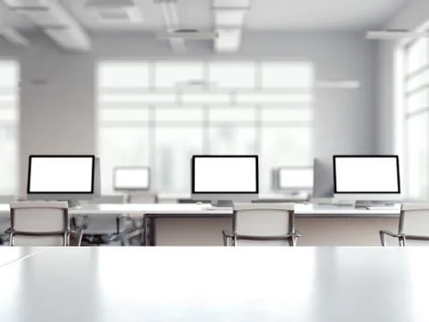 Coworking office interior with multiple computer screens. 3d rendering Illustrazione stock