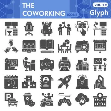 Coworking solid icon set, business freelance symbols collection or sketches Stock Illustration