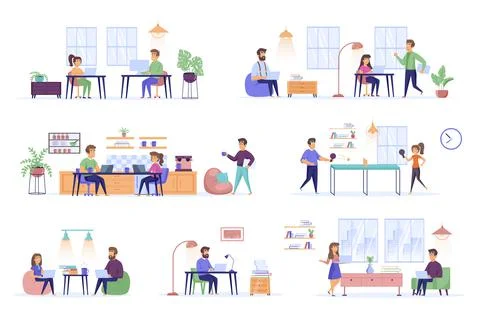 Coworking space bundle of flat scenes. イラスト素材