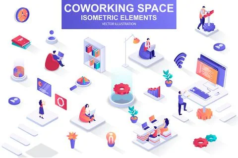 Coworking space bundle of isometric elements. Stock Illustration