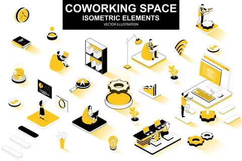 Coworking space bundle of isometric elements. Freelancer work with laptop 库存插图
