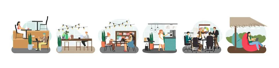 Coworking space scene set. Freelancers, remote teams sharing open common office Stock Illustration