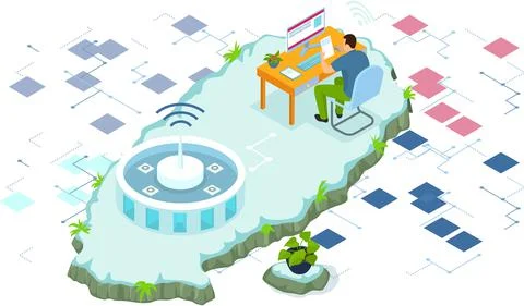 Coworking team of users connected by cloud computing video conference, online Stock Illustration