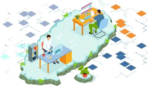 Coworking team of users connected by cloud computing video conference, online Illustrazione stock